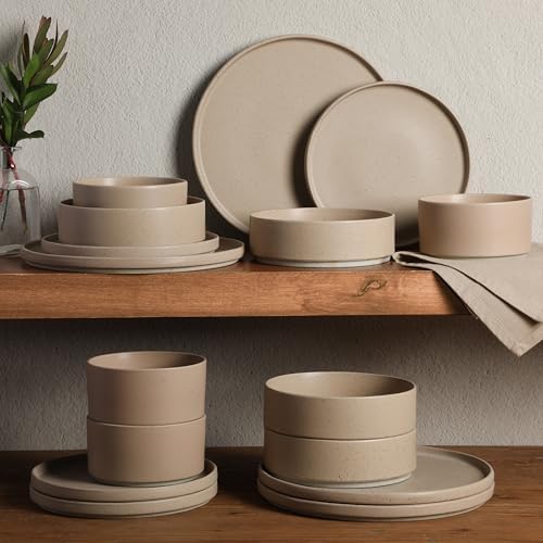 Gibson Elite Tatum Premium Porcelain Matte Reactive Glaze 16-Piece (Service for 4) Plates and Bolws Stackable Dishes Ceramic Dinnerware - Blush Pink/Taupe - Image 3
