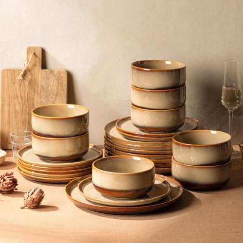 TheTerra Ceramic Dinnerware Sets for 8, 24 Pieces Handmade Reactive Glaze Plates and Bowls Set, Scratch Resistant Dish Set, Oven & Microwave & Dishwasher Safe, Creamy Amber by TheTerra