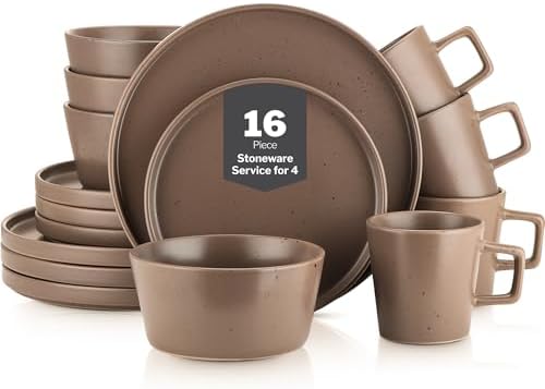 Stone Lain Celina Stoneware 16-Piece Modern Dinnerware Set, Plates and Bowls, Matte Brown, Service For 4, Microwave & Dishwasher Safe by Unknown