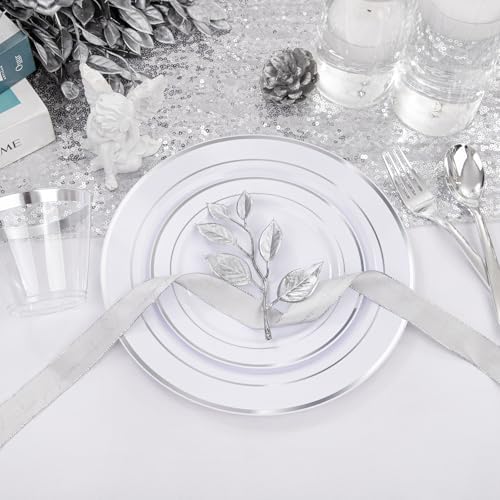 WELLIFE 300Pcs Silver Elegant Plastic Dinnerware Set for 50 Guests - Premium Disposable Party Supplies Includes Dinner Plates, Salad Plates, Cups & Flatware Set for Wedding, Anniversary, Banquet - Image 3