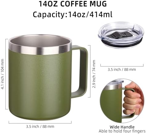 Volhoply 14oz Insulated Stainless Steel Coffee Mug with Lid Bulk 8 Pack,Double Wall Vacuum Travel Coffee Cup with Handle,Reusable Cups Tumbler,Camping Mugs Keep Hot, Ideal Gifts(Army Green,8) - Image 2