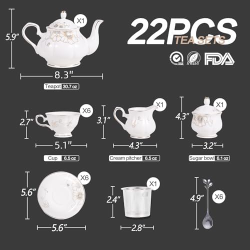 CHENP.HMC Tea Set 22-Piece Porcelain Ceramic Coffee Tea Gift Sets Cups Saucer Service for 6 Teapot Sugar Bowl Creamer Pitcher and Teaspoons (White) - Image 4
