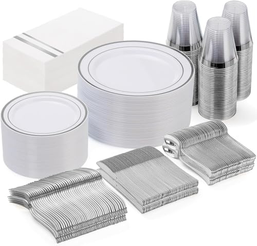 GATHER 350PCS Silver Plastic Plates Set for 50 Guests Wedding Party by Gather