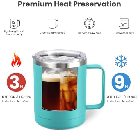 MEWAY 12oz Coffee Mug With Handle 2 Pack Bulk,Stainless Steel Insulated Travel Tumblers With Sliding Lid,Double Wall Vacuum Camping Cup for Hot & Cold Drinks Tea (Light Green,Set of 2) - Image 3