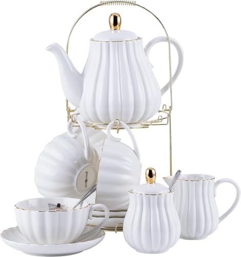 Jusalpha Porcelain Tea Set- 8 OZ Coffee/Teacup, Saucer, Cup Holder, White by Jusalpha