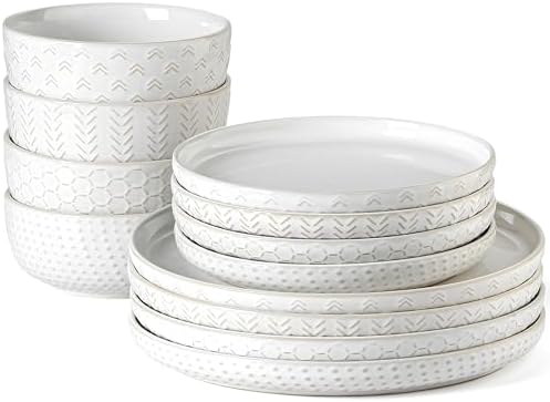 Stoneware Dinnerware Sets Service for 4, 12 pcs Reactive Glaze Plates and Bowls Sets, Embossed Boho Ceramic Dish Set, Highly Chip and Crack Resistant Farmhouse Plate Set, Ivory White by Lareina
