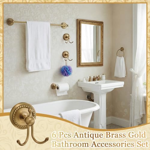6 Pcs Antique Brass Gold Bathroom Accessories Set 15.7"-26.7" Solid Brass Towel Bar, Towel Ring, Toilet Paper Holder, Robe Hook, Wall Mounted Vintage Bath Hardware Fixture Set - Image 5