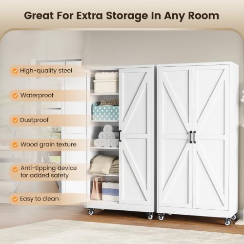Yizosh 72"White Metal Dining Storage Cabinet,Wheeled Garage Storage Cabinet - Image 5