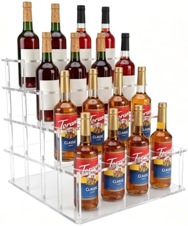 Coffee Syrup & Wine Rack Organizer, Bottle Stand Shelf, Acrylic 4 Tier 16 Bottle, Display Holder with Anti-Fall Fixed Slots, Stepped Storage, Home Kitchen Decor, Accessories Mini Bar for Countertop by Unknown