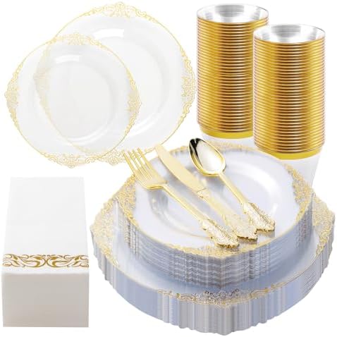 Bestluck 175PCS Ivory white Plastic Plates for 25 Guests (Clear Gold, 25 Guests Set) by Bestluck