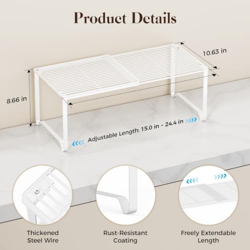 Extendable Metal Wire Shelf Organizer - Adjustable 15-24.4in Length, Stackable Storage Rack for Kitchen/Pantry/Bathroom/Shoe Cabinet/Tool Closet (1, White) - Image 2
