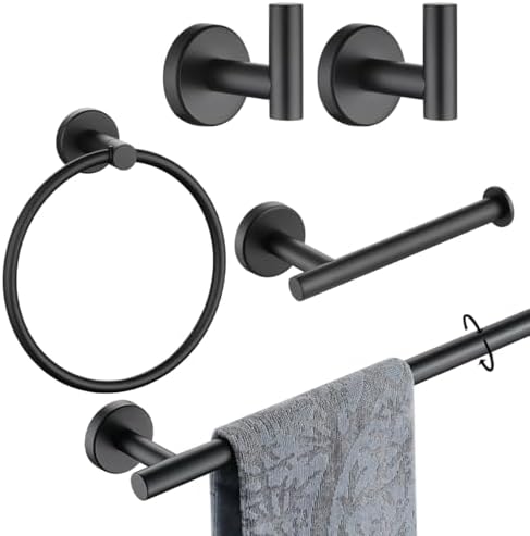 JQK Bathroom Hardware Set Black, 5-Piece Bath Accessories Set Wall Mount Includes 24 in Towel Bar, Towel Ring, Toilet Paper Holder, 2 Towel Hooks, BAS125-PB by Homeimprovement