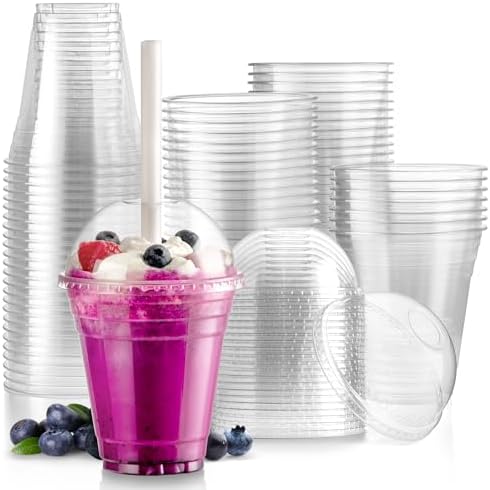 Fit Meal Prep 100 Pack 12 oz Disposable Plastic Coffee Cups with Dome Lids, To Go Iced Coffee Cups with Lids, BPA Free Clear Parfait Cups for Party, Smoothie, Bubble Boba, Juice, Milkshake by FMPBRANDS