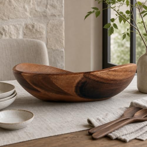 Arthur Court Wave Pattern Large Acacia Wood Salad Bowl - Modern Centerpiece for Fruits and Salads - 19 x 12 x 4 Inches - Image 3