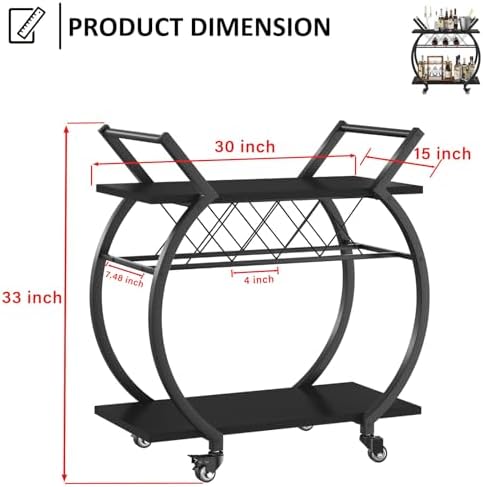 LVB Black Bar Cart with Wheels, Industrial Wine Cart with Storage for Home - Image 2