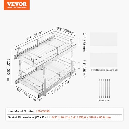 VEVOR Pull Out Cabinet Organizer, 12"W x 21"Dx15.2"H Heavy Duty Slide Out Pantry Shelves, Chrome-Plated Steel Roll Out Drawers for Home,13.5"Wx22"Dx19"H Inside Kitchen Cabinet, Bathroom, Under Sink - Image 7