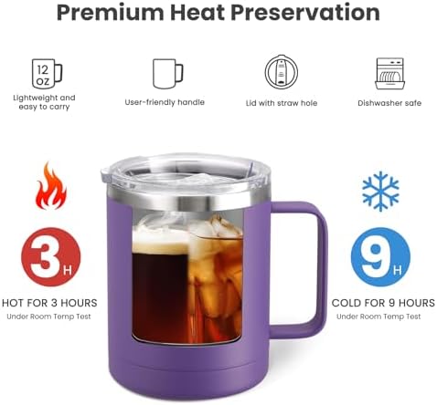 MEWAY 12oz Coffee Mug With Handle 8 Pack Bulk,Stainless Steel Insulated Travel Tumblers With Sliding Lid,Double Wall Vacuum Camping Cup for Hot & Cold Drinks Tea (Purple,Set of 8) - Image 3