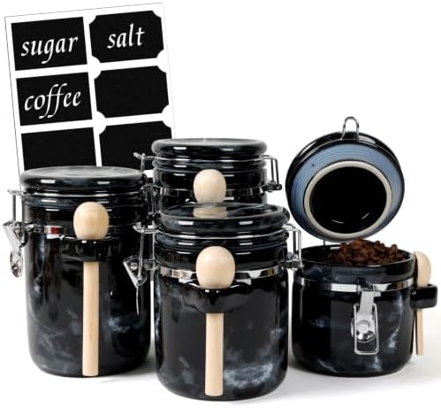 4 Piece Airtight Ceramic Canister Set With Attached Wooden Spoon Reusable Chalk Labels For Dry Goods Sugar Coffee Tea Kitchen Storage Use (Marble Black) by TryitBuyitYoulllikeit
