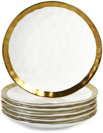 vicrays Ceramic Dinner Plates Set, 10 Inch, Set of 6, Round, Dishwasher Safe, NOT Microwave Safe, Suitable for Steak, Pasta, Home, Party, Restaurant（White with Golden） by VicraysCeramic