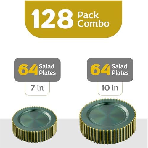 PLASTICPRO 128 Piece Combo Plastic Dinner Plates Disposable Plastic Fancy Heavy Duty Party Dishes 7 inch and 10 inch, Translucent Green and Gold Beaded - Image 4