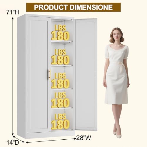 BESFUR 71" Tall White Kitchen Pantry Cabinet, Metal Food Storage Cabinet with 4 Adjustable Shelves, Freestanding Cupboard with Doors for Kitchen, Dining Room, Living Room, Bathroom, Laundry Room - Image 3