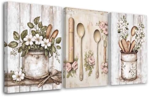 YMXDYMJSW Vintage Kitchen Wall Art 3 Piece Kitchenware Pictures Fork Knife Spoon Floral Canvas Print Farmhouse Floral Tableware Painting for Dining Room Home Decor (Beige, (12.00" x 16.00" x 3PCS)) by YMXDYMJSW