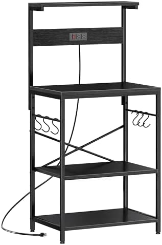 SUPERJARE Kitchen Bakers Rack with Power Outlet, Coffee Bar Table 4 Tiers, Kitchen Microwave Stand with 6 S-shaped Hooks, Storage Shelf Rack for Spices, Pots and Pans - Black by SUPERJARE