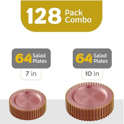 PLASTICPRO 128 Piece Combo Plastic Dinner Plates Disposable Plastic Fancy Heavy Duty Party Dishes 7 inch and 10 inch, Translucent Rose and Gold Beaded - Image 5