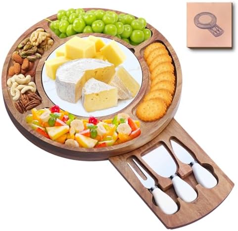 13.5" Round Acacia Wood Cheese & Charcuterie Board Set with Slate Chiller, Hidden Drawer & 420 Stainless Steel Knives/Forks - Ideal Wedding, Housewarming, Birthday Gifts by Unknown