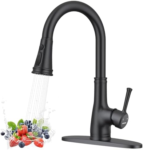 WEWE Vintage Kitchen Faucet, Pull-Down Sprayer, Matte Black, High Arc by WEWE