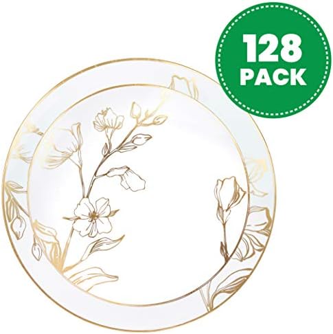 PLASTICPRO 128 Piece Combo Plates Set includes 64 7'' inch Plates & 64 10'' inch Plates White Plastic Floral Design Party Plates With Gold Rim, Premium Elegant, Tableware, Dishes, - Image 2