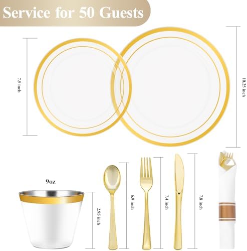 realluck 350PCS Clear Gold Plastic Dinnerware Set for 50 Guests, Disposable Party Plate for Wedding Party, Include: 100 Plastic Plates, 50 Pre Rolled Napkins with Silverware, 50 Cups - Image 2