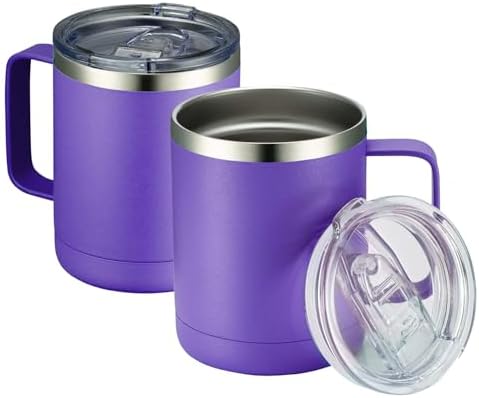 MEWAY 12oz Coffee Mug With Handle 2 Pack Bulk,Stainless Steel Insulated Travel Tumblers With Sliding Lid,Double Wall Vacuum Camping Cup for Hot & Cold Drinks Tea (Purple,Set of 2) by MEWAY