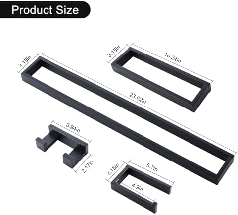 Black Towel Bar Set, 4-Pieces Bathroom Hardware Set Modern Bathroom Towel Holder Set SUS304 Stainless Steel Wall Mounted Towel Rack Set,23.6 Inch - Image 6