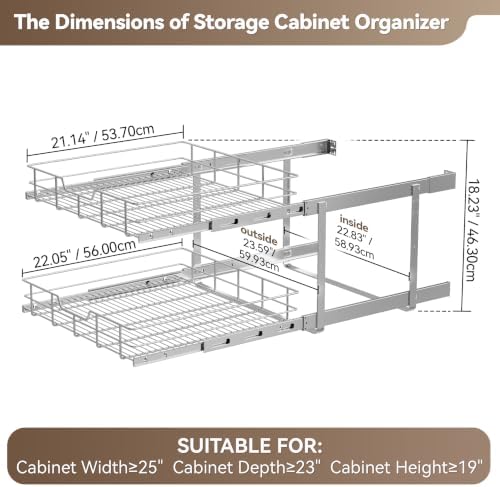 2 Tier Pull Out Cabinet Organizer 24" W X 22" D, Chromed, Full Slide Out - Image 2