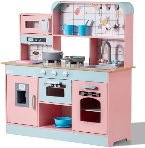 VEVOR Wooden Play Kitchen Toy, Play Kitchen for Kids with Lights and Sounds, Toddler Kitchen with Ice Maker, Oven, Sink, Microwaves, Fridge and Utensil and Fruit Accessory for Toddlers, Pink by VEVOR
