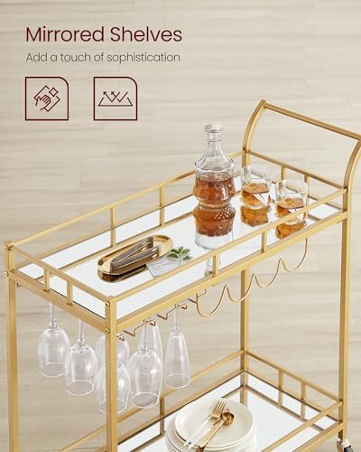 VASAGLE Bar Cart with 2 Mirrored Shelves, Wine Holders, Glass Holders - Image 3