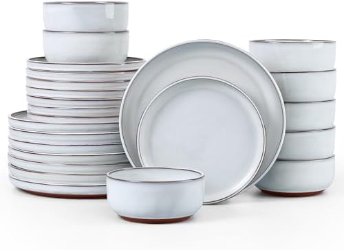 E-far Stoneware Dinnerware Sets for 8, 24 Pieces Reactive Glaze Plates and Bowls Sets, Elegant Dishes with Rustic Terracotta Clay Base, Dishwasher & Microwave Safe, Scratch Resistant, Glacier White by E-far