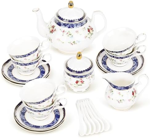 fanquare 21-Piece Blue Lace and Roses Bone China Tea Sets for Adults by fanquare