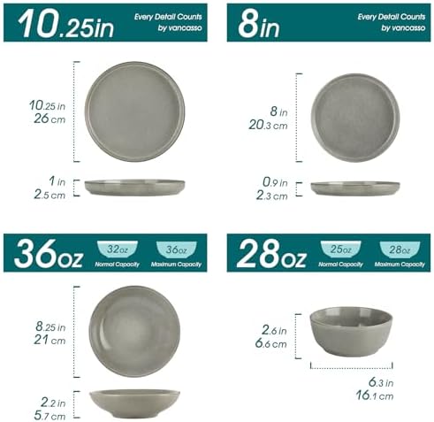 vancasso ANYA 24 Pieces Plates and Bowls Set, Stone Grey Dinnerware Sets, Reactive Glaze Dishes Set for 6, Ceramic Dishware Sets Kitchen Dinner Set, Microwave & Dishwasher Safe - Image 2