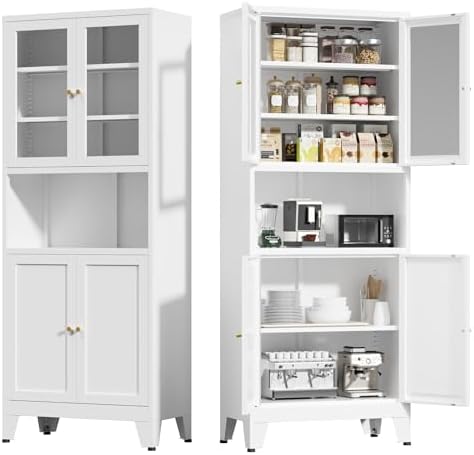 COFaR 69" Pantry Cabinet, Metal Storage Cabinet with 2 Glass Doors, White by COFAR