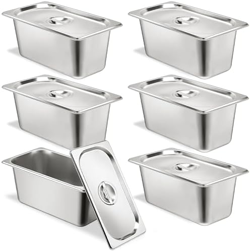 6 Pack Hotel Pans 1/3 Size 6" Deep Stainless Steel Steam Table Pan w/Lids by TSUBOR