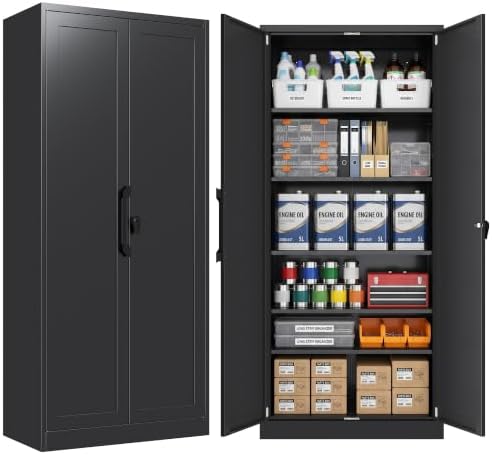 KAER Metal Storage Cabinet with Lock, 72" Steel Lockable Garage Storage Cabinet with 2 Doors & 5 Adjustable Shelves, Black Freestanding Tool Storage Cabinet for Garage, Home Office, Warehouse, Kitchen by KAER