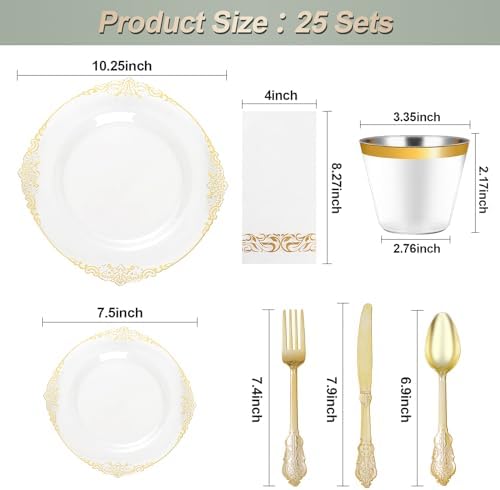 Bestluck 175PCS Ivory white Plastic Plates for 25 Guests (Clear Gold, 25 Guests Set) - Image 2
