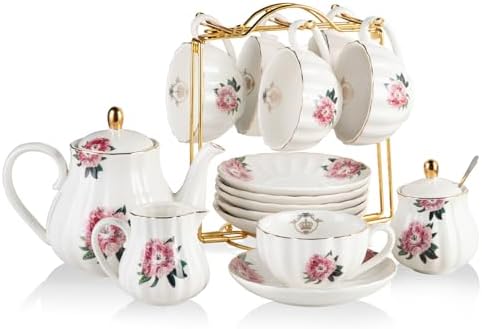 Sweejar Home Porcelain Tea Sets British Royal Series, 8 OZ Cups & Saucer Service for 6, with Teapot Sugar Bowl Cream Pitcher Teaspoons and Tea Strainer, Suitable for High Tea, Wedding, Party by Sweejarco1949