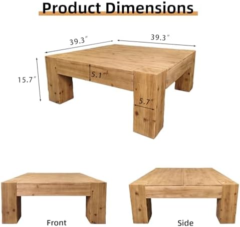 Rustic Wooden Coffee Table for Living Room, Big Square Coffee Table - Image 2