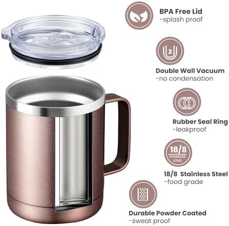 MEWAY 12oz Coffee Mug With Handle 8 Pack Bulk,Stainless Steel Insulated Travel Tumblers With Sliding Lid,Double Wall Vacuum Camping Cup for Hot & Cold Drinks Tea (Rose Gold,Set of 8) - Image 2
