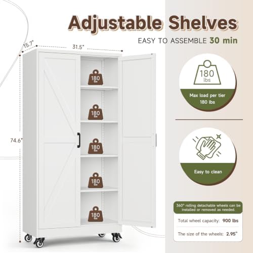 Letaya 75" Metal Garage Storage Cabinet with Wheels,White Kitchen Pantry - Image 3
