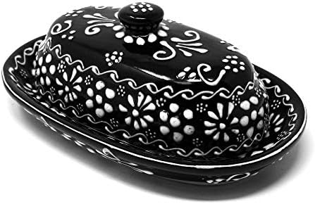 Global Crafts Butter Dish with Lid - Hand-Painted Mexican Pottery, Black by Global+Crafts