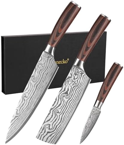 Sunnecko Kitchen Knife Set 3 Piece Chef Knife Set Professional High Carbon Stainless Steel, Sharp Kitchen Knives with Wooden Handle by Sunnecko